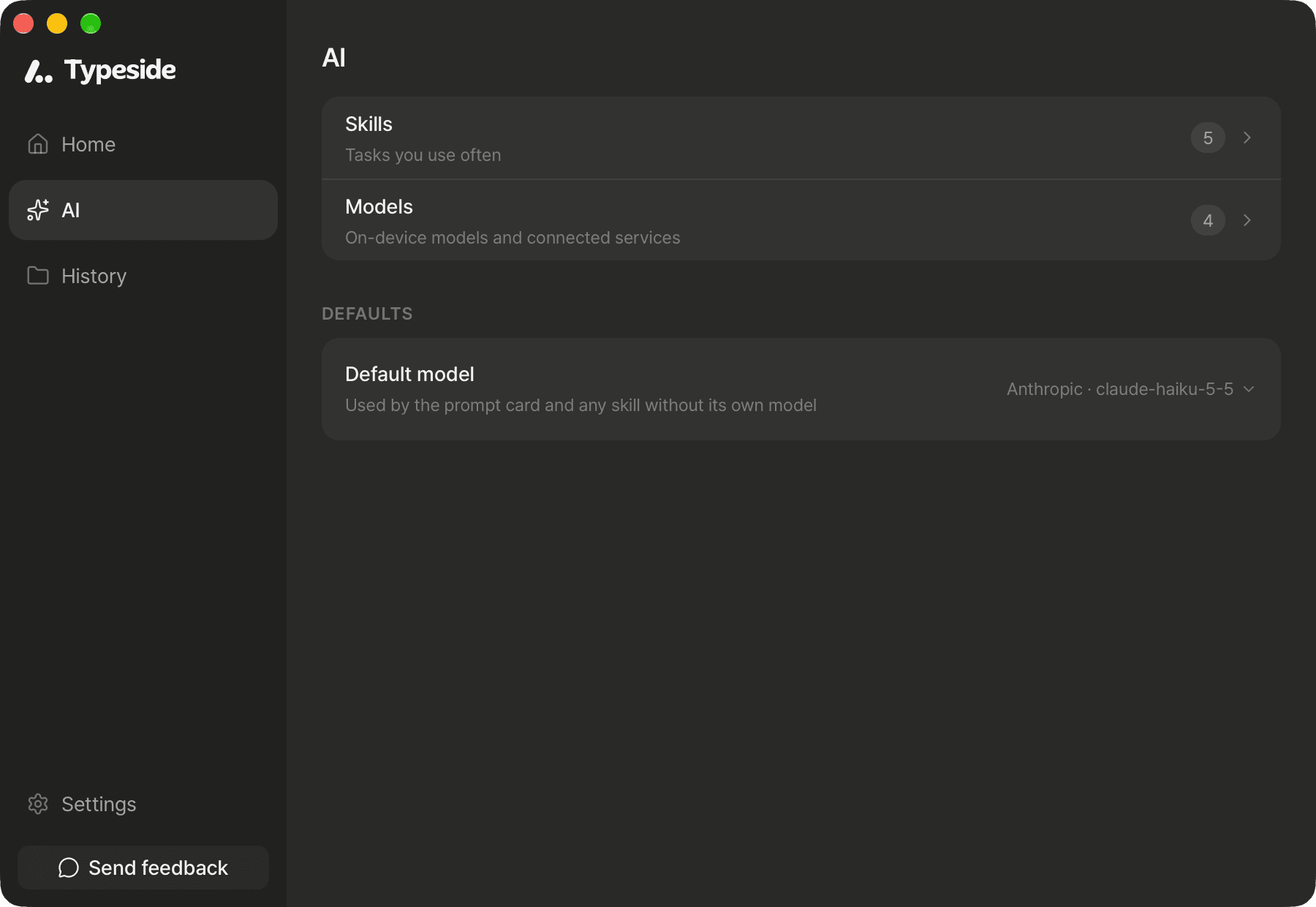 The AI screen with the Skills and Models rows and the "Default model" dropdown in the "Defaults" group