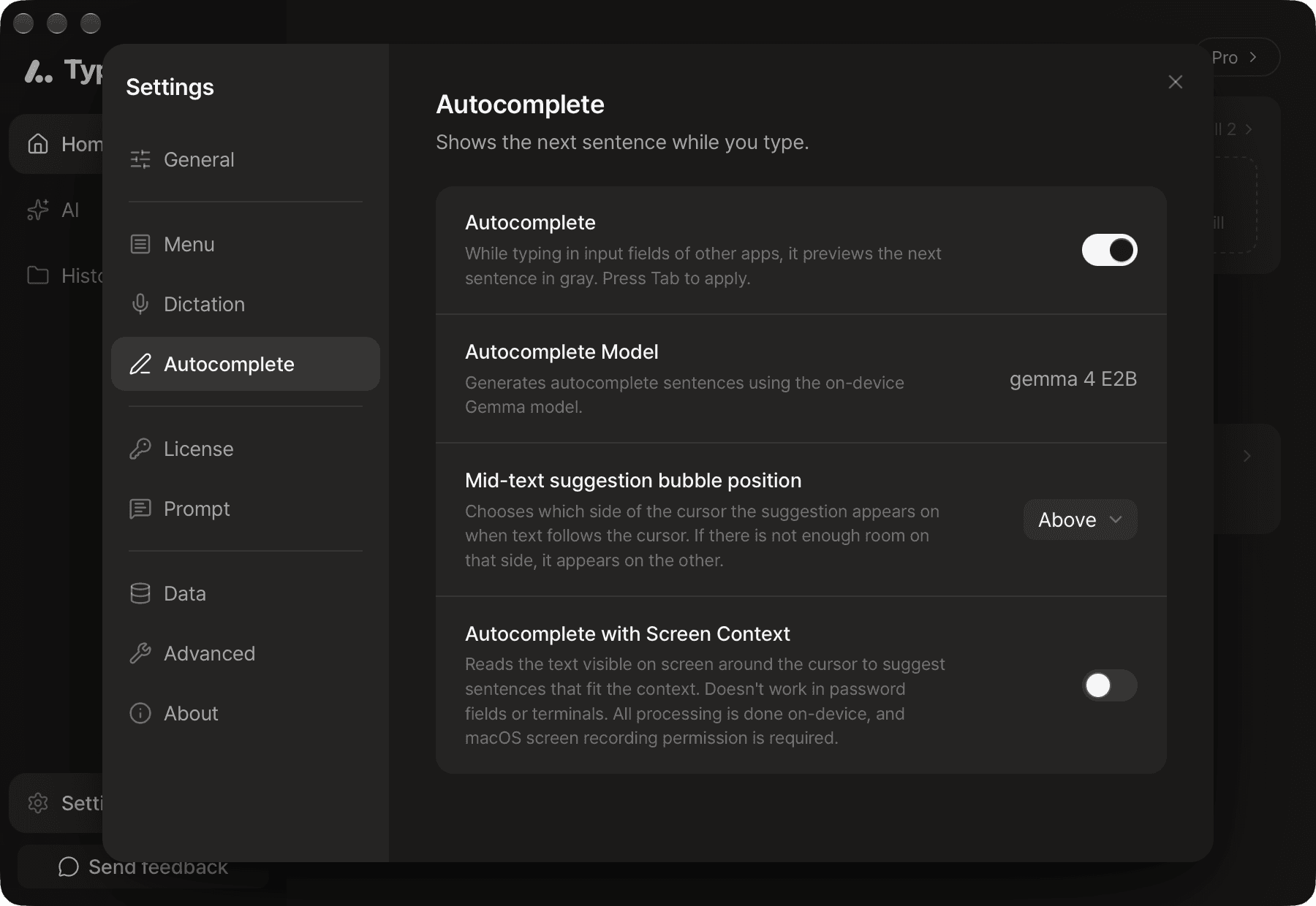 Settings ▸ Autocomplete with Autocomplete, Autocomplete model, Mid-text suggestion bubble position, and Autocomplete with screen context