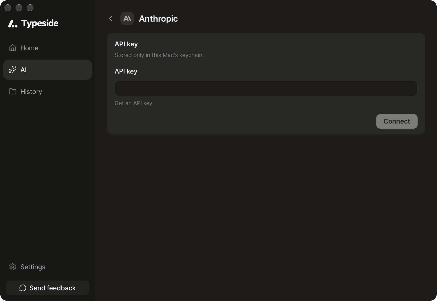 The connect screen with the "API key" field, the "Get an API key" link, and the "Connect" button