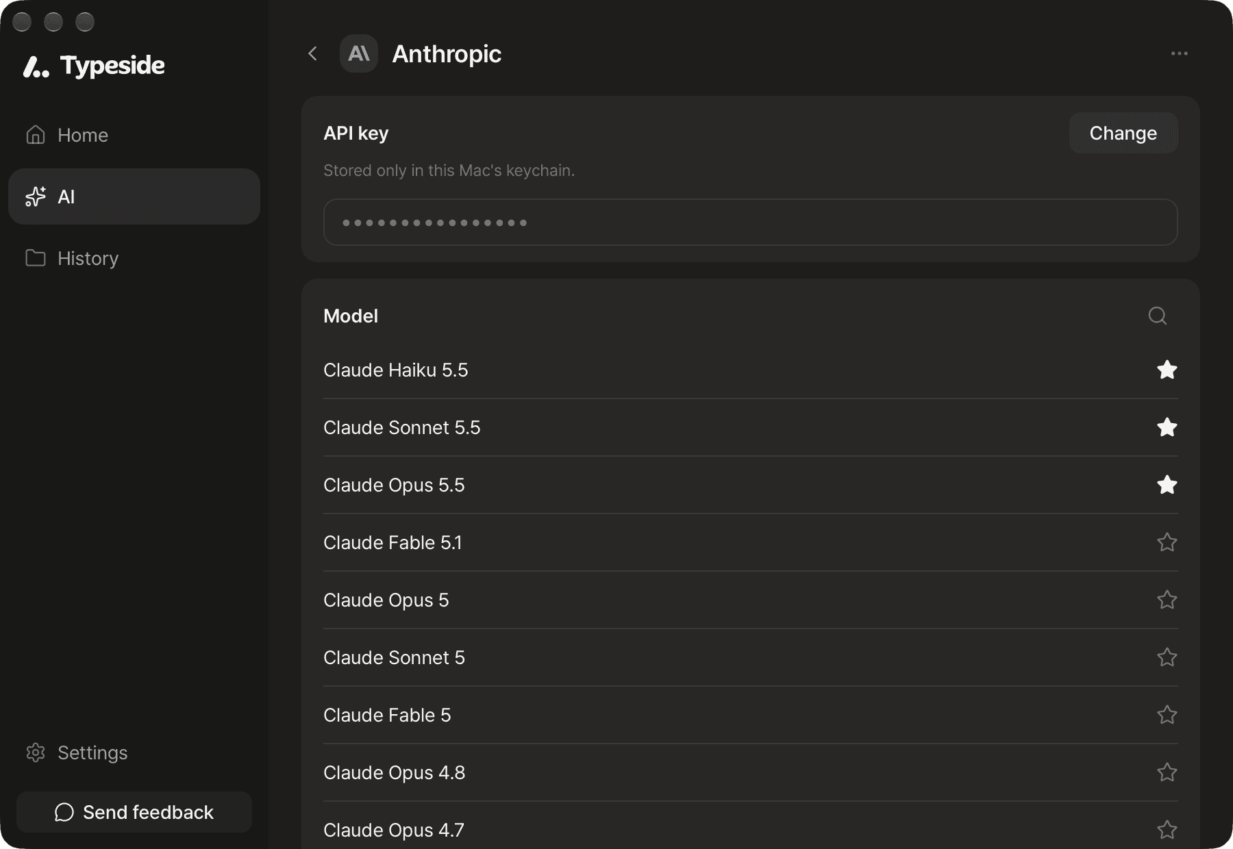 A connected service screen with the "API key" section ("Change") and the model list with ★ marks