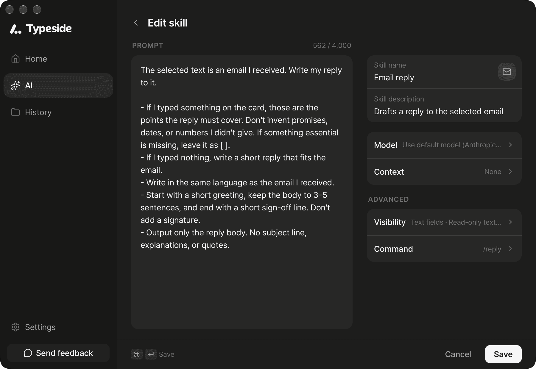 The skill editor (Prompt box and character count on the left; Skill name, icon, Skill description, the Model and Context rows, and the Visibility and Command rows under "Advanced" on the right; Cancel and Save at the bottom)