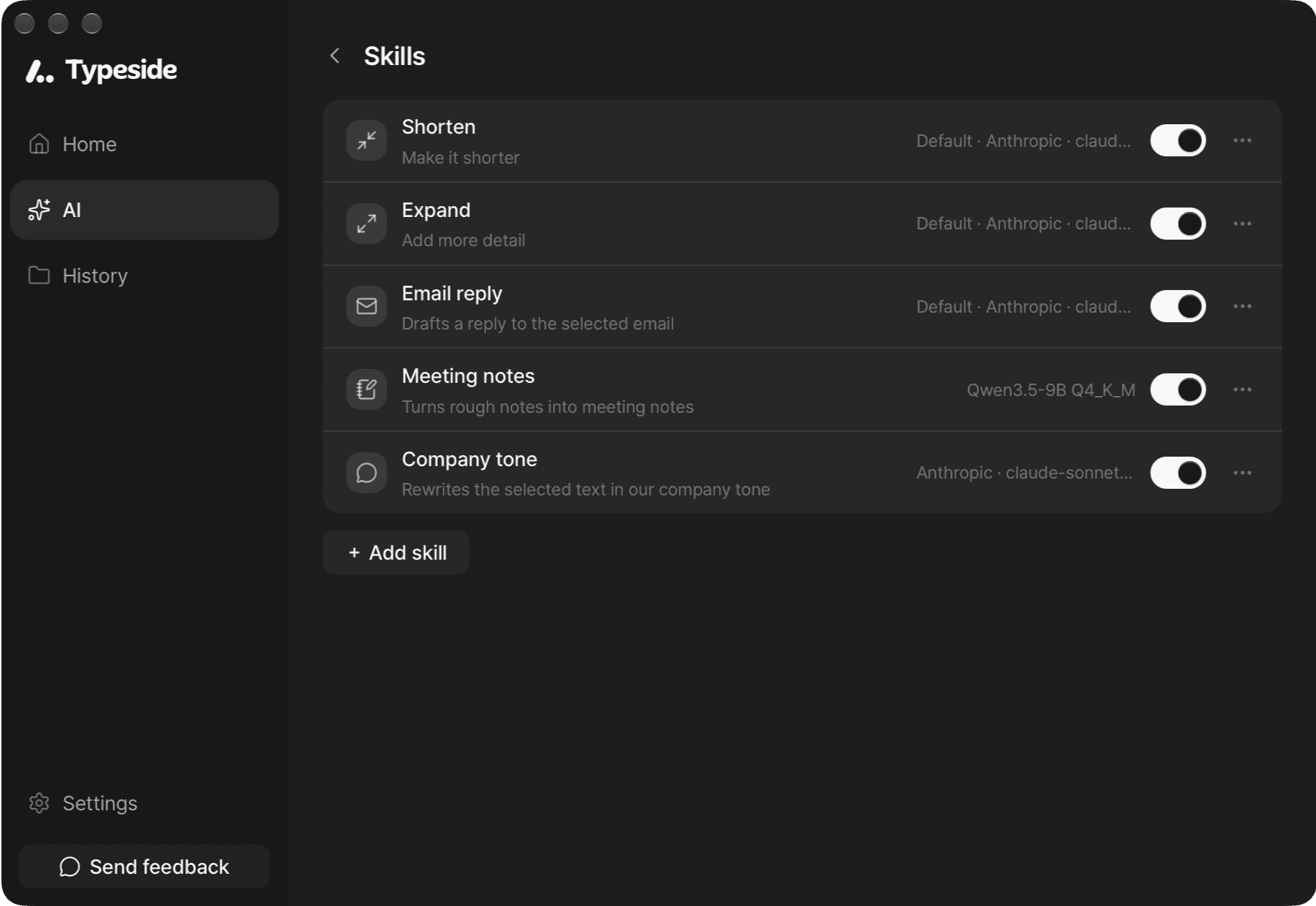 AI ▸ Skills list (Shorten, Expand, and custom skills, each with its model name, show switch, and ⋯; "＋ Add skill" at the bottom)