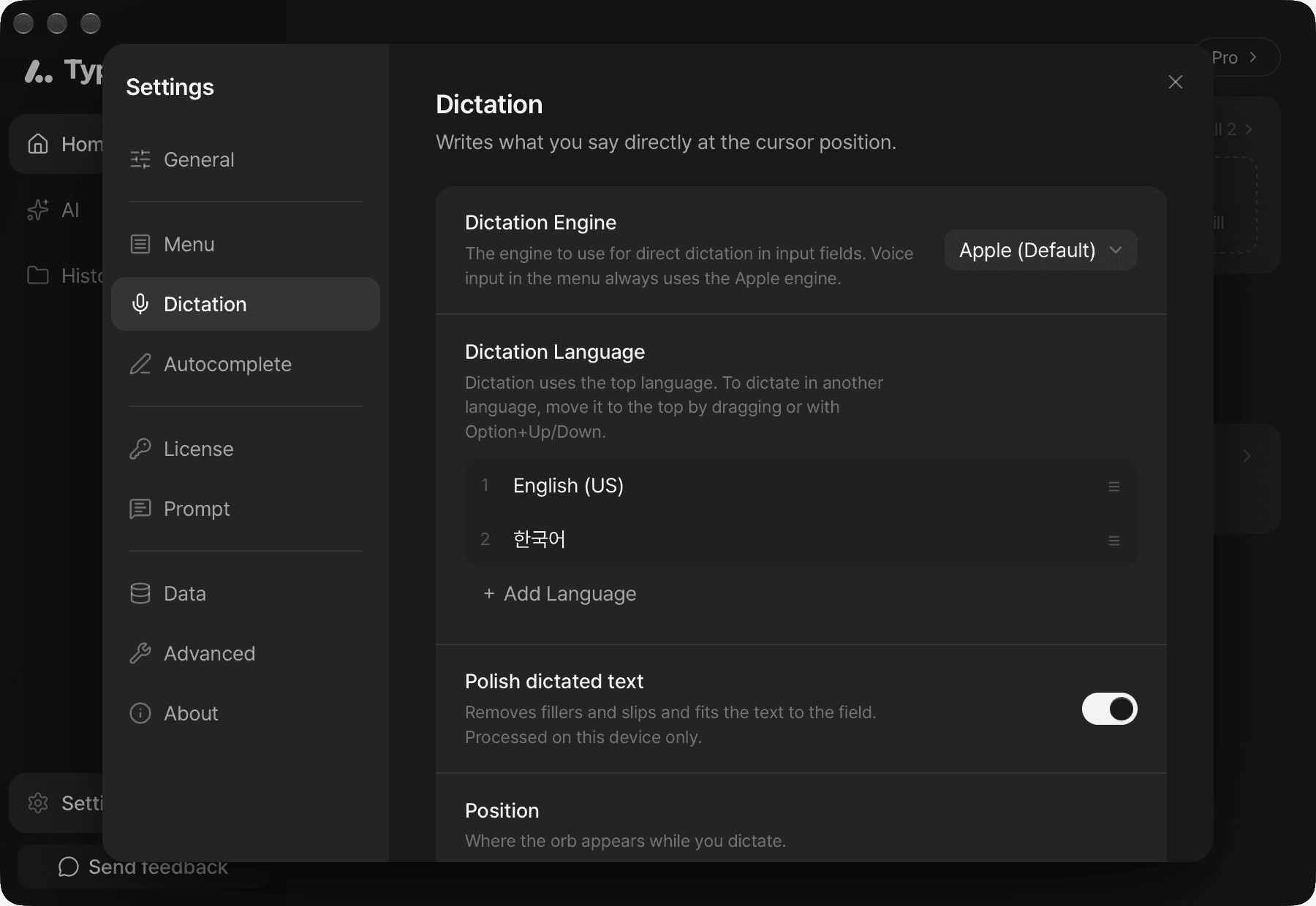 Settings ▸ Dictation with Dictation engine, Polish dictated text, Dictation language, and Position