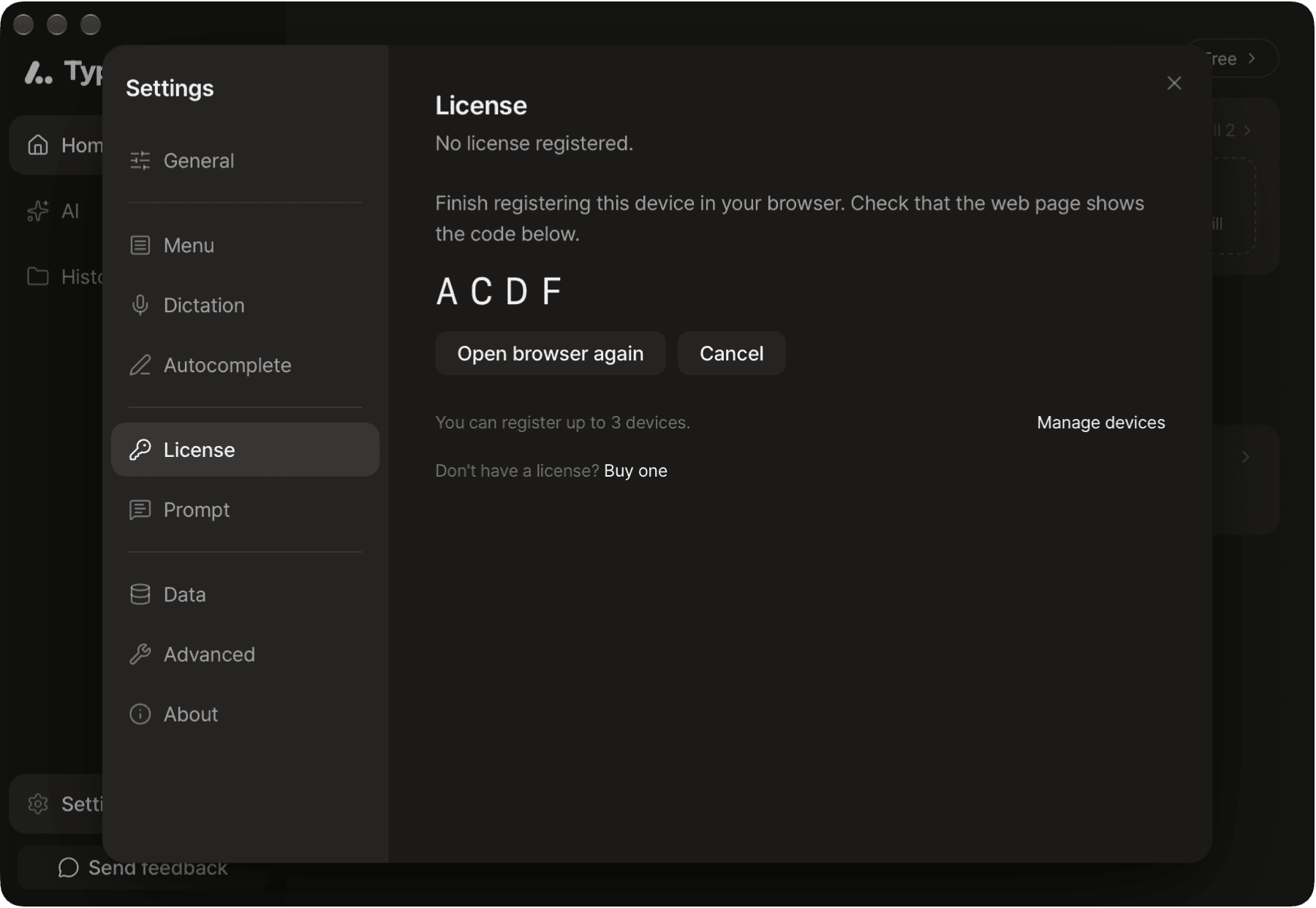 License screen waiting for browser registration, with the confirmation code and the "Open browser again" and "Cancel" buttons