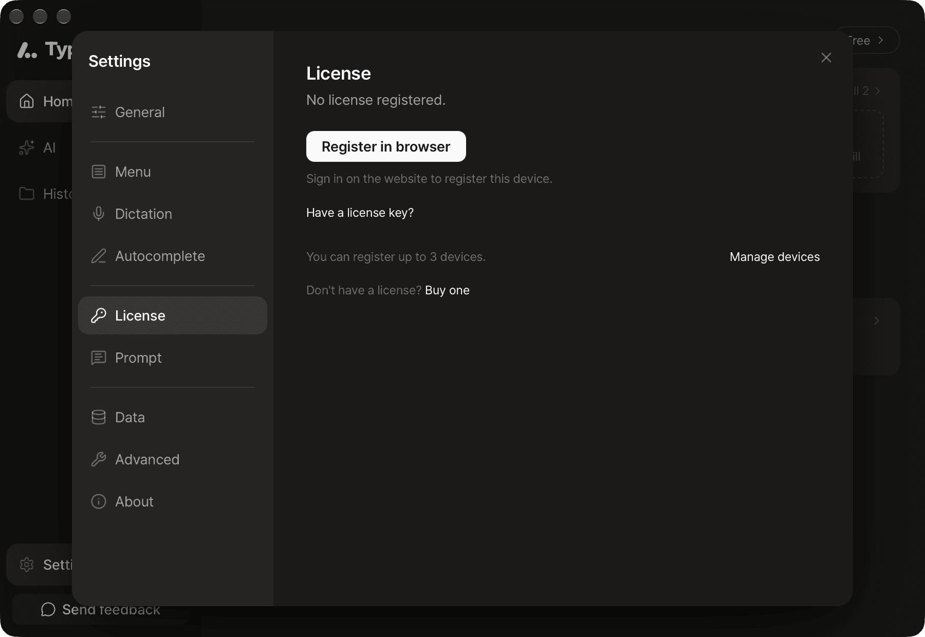 Settings ▸ License before registration, showing the "Register in browser" button and the "Have a license key?" link