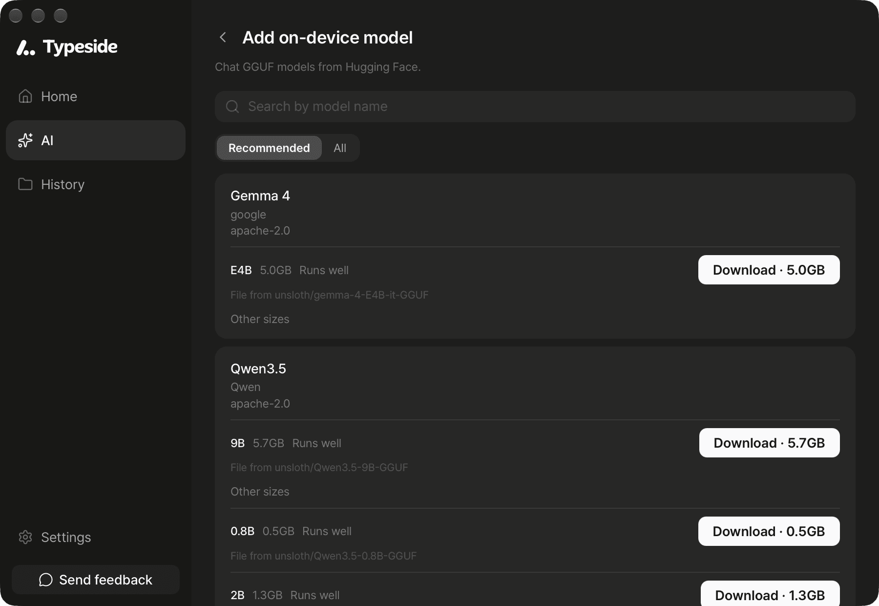 Add on-device model, a model card in the Recommended tab with the size picked for this Mac, the "Runs well" label, and the "Download · size" button