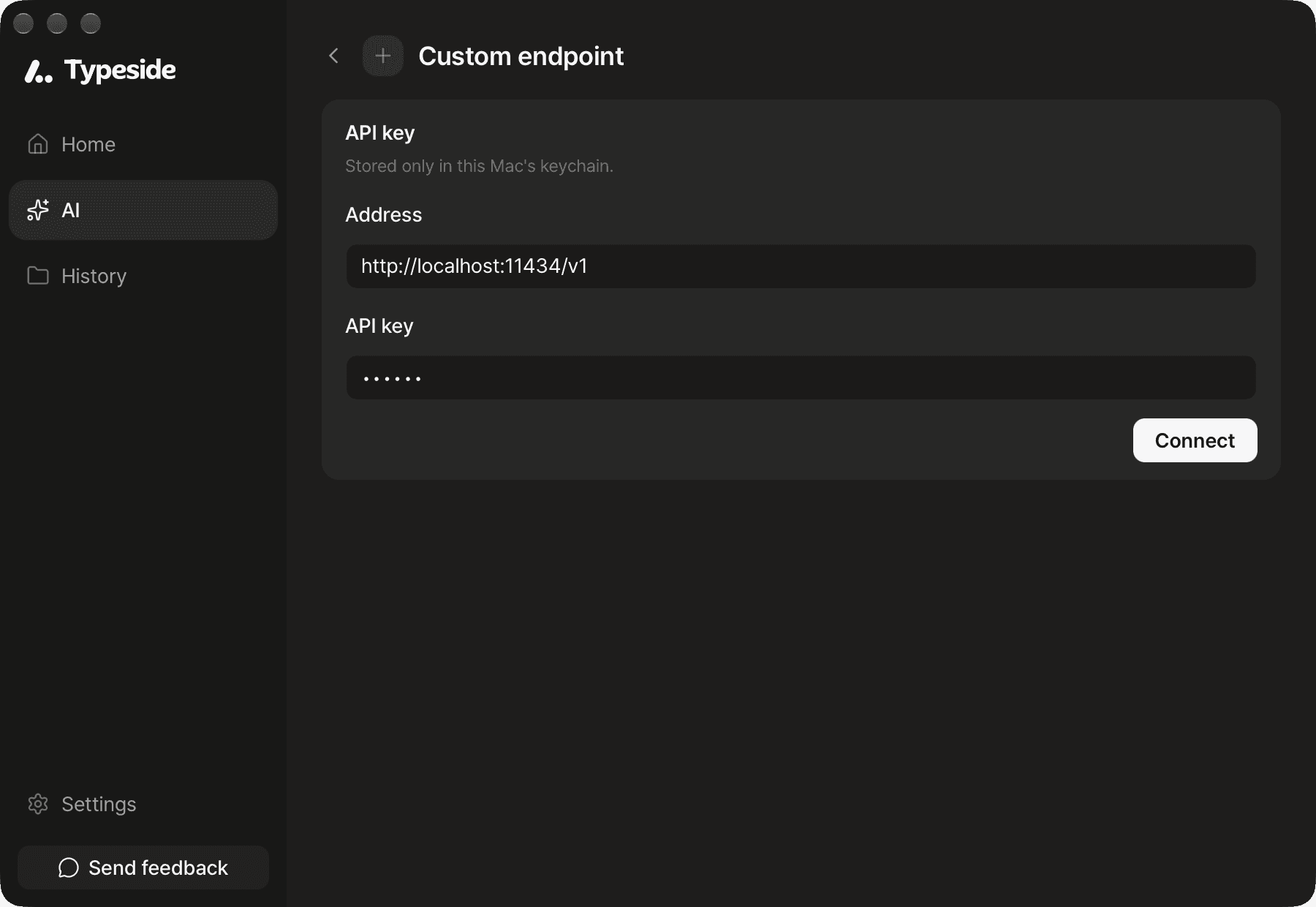 The "Custom endpoint" connect screen with http://localhost:11434/v1 in "Address" and ollama in "API key"