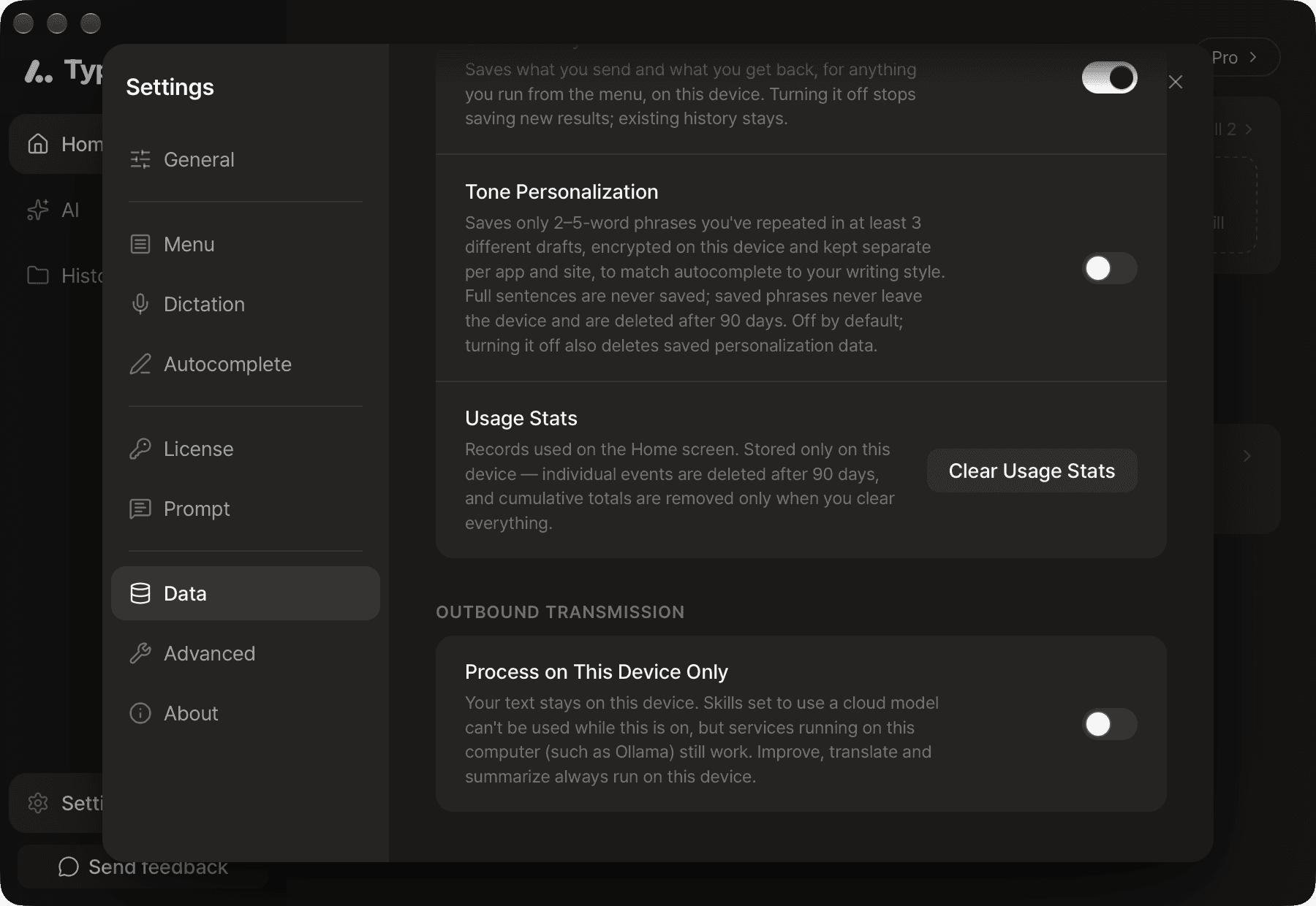 Settings ▸ Data (Save history, Tone personalization, and Usage stats under "On-device storage"; Process on this device only under "Outbound transmission")