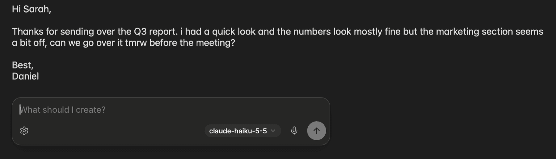 The Prompt card open next to the cursor in an email draft, with the "What should I create?" field and the Voice input and Send buttons