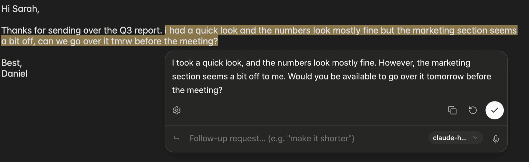 The Prompt card with a result, the Copy, Retry, and Apply buttons, and the "Follow-up request…" field