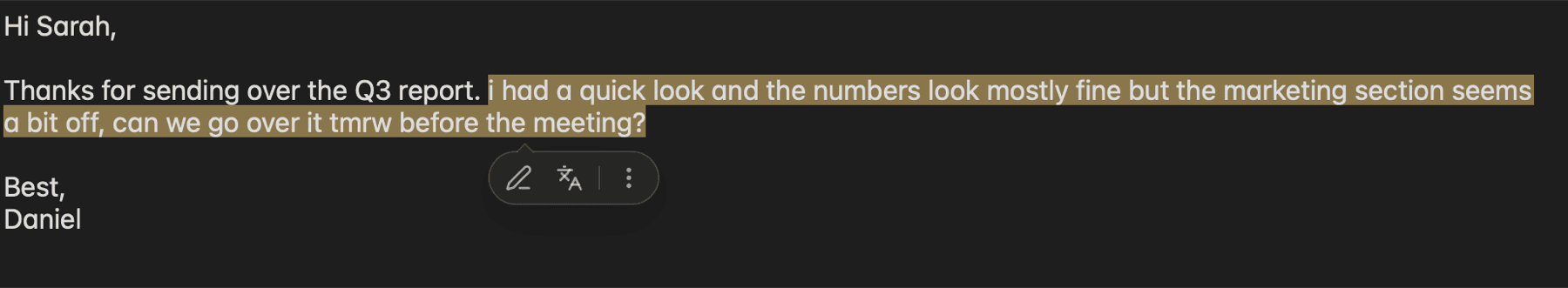 The quick edit button below text selected in another app, with the Improve and Translate icons and the More button
