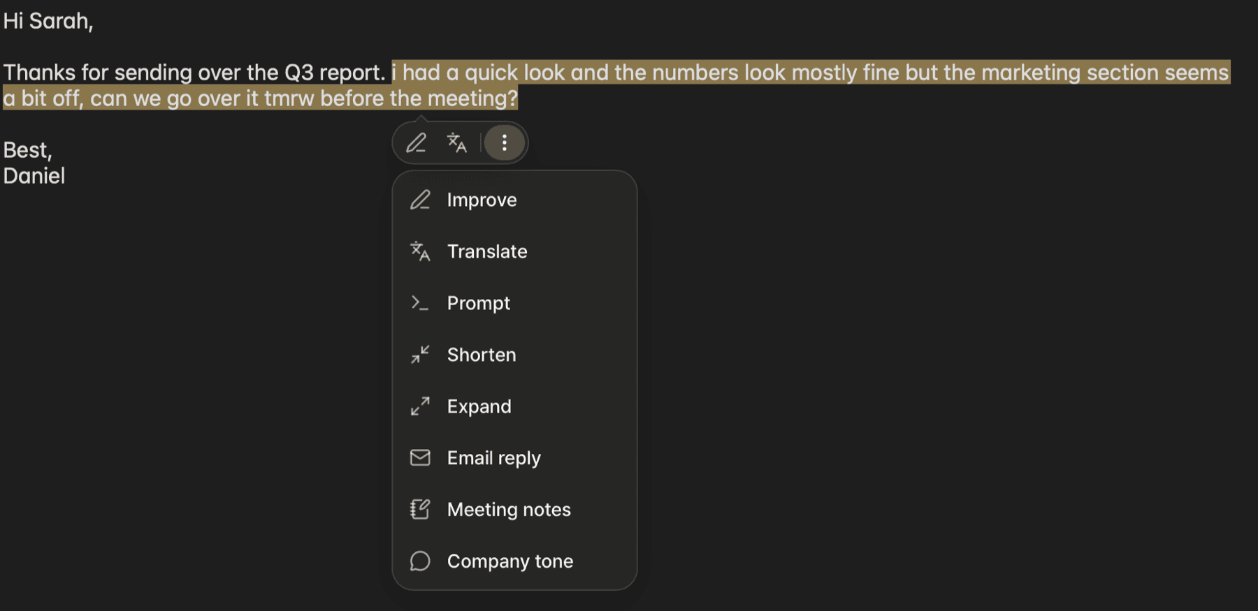 The list opened with More (Improve, Translate, Prompt, Shorten, Expand, and your own skills)