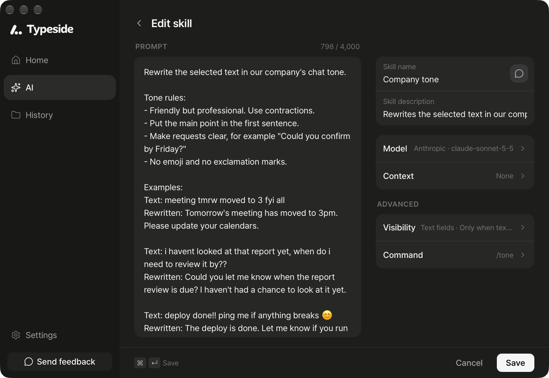 The skill editor with the Company tone example instructions (the instructions and character count in the Prompt box, command /tone)